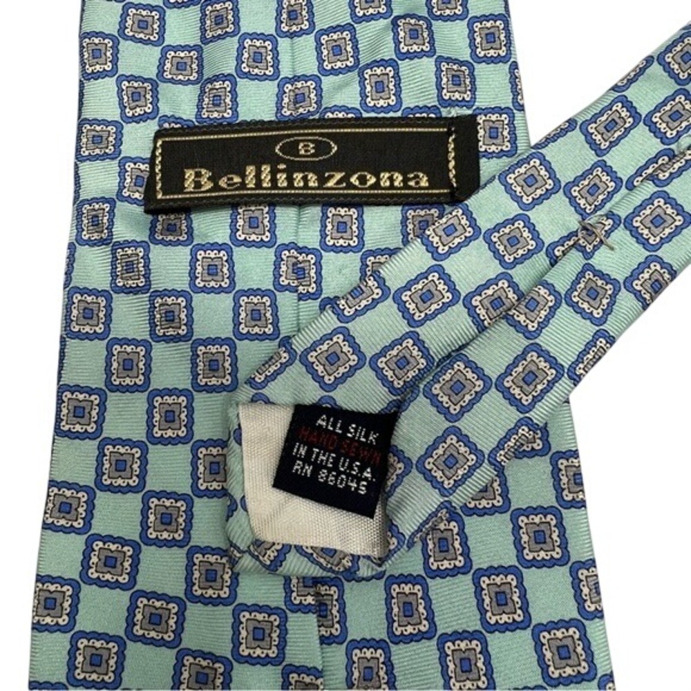 Bellinzona Silk Tie Mens Blue Grey Geometric Medallion Mint Green‎ Hand Sewn USA